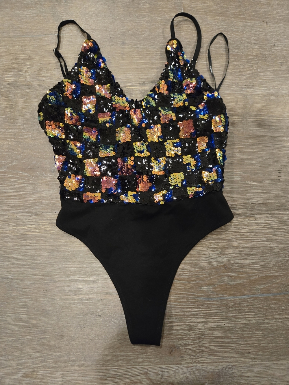 Sequin Mosaic Black Bodysuit with Multicolor Accents. Never Been Worn